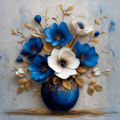 Beautiful blue and white floral arrangement in a decorative vase with golden accents on a textured background