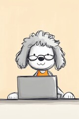 Fototapeta premium Cartoon dog character using a laptop in a cozy workspace with a light background