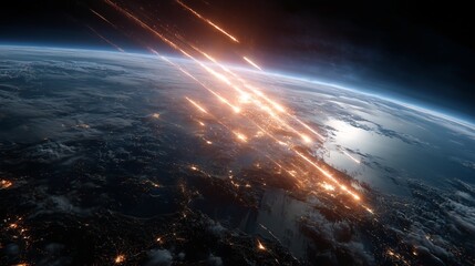 地球に向かって、隕石や宇宙の破片が大量に落下している様子