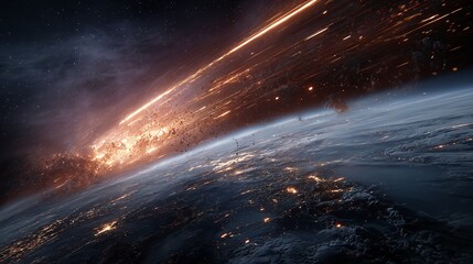 地球に向かって、隕石や宇宙の破片が大量に落下している様子
