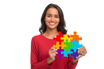 Harmony in Diversity: Joyful Indian Woman Holding Colorful Puzzle Pieces for Unity and Inclusion.