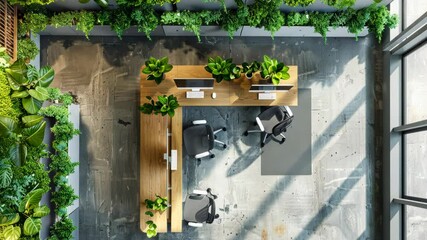 Bird's-eye view of a verdant office space, complete with recycled materials, indoor greenery, and bathed in natural sunlight, endorsing sustainable workflows. Corporate carbon reduction