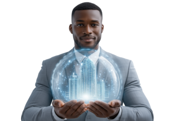 Smart City Visionary: African American Businessman Holding Holographic Buildings for Urban Development and Investment.