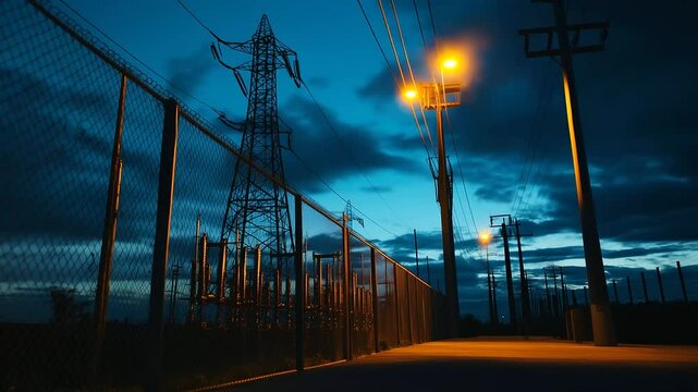 Wide-angle shot of a sprawling electrical substation, showcasing a line of powerful transformers with flashing warning lights and marked zones protected by thick, sturdy safety bar