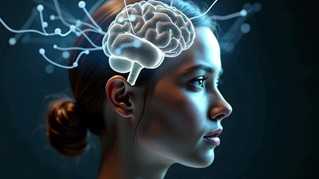 A woman's profile with a glowing digital brain and neural connections, symbolizing AI, human cognition, and neuroscience. Ideal for themes of intelligence, technology, and innovation.