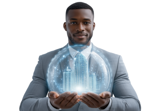 Smart City Visionary: African American Businessman Holding Holographic Buildings for Urban Development and Investment. - Powered by Adobe