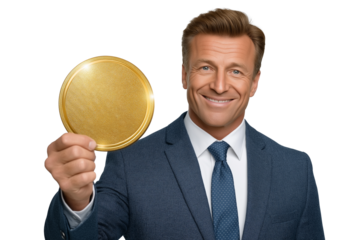 Golden Achievement: A Confident Caucasian Businessman in his Forties Holding a Blank Gold Medal, Perfect for Concepts of Success and Recognition
