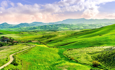 green flowering spring hills in rustic valley with rural road among blossoming grasslands leadung far away to a sunset cloudy sky above horizon