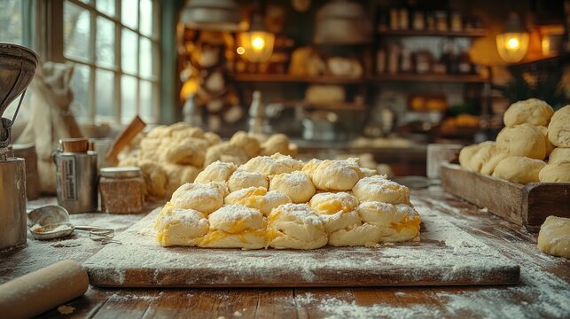 Freshly-made dough, dusted with sugar, sits on a rustic wooden table in a vintage bakery
