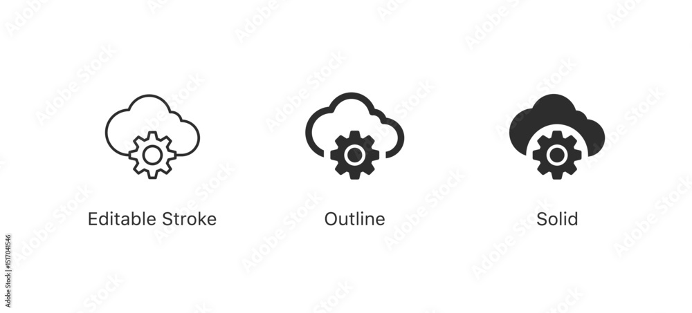 Poster cloud and gear icons, cloud computing icon (editable stroke, outline, solid) representing cloud comp