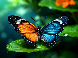 Obraz premium A colorful butterfly on a leaf, its wings dripping with dew.