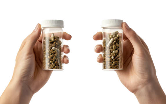 Close up of hands carefully holding herbal supplements promoting natural health and wellness isolated on transparent background PNG