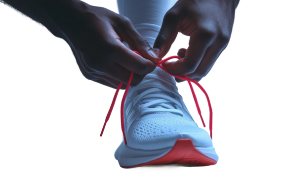 Detailed view of athlete hands fastening shoelaces on running sneakers before exercise isolated on transparent background PNG