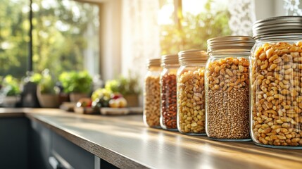 Glass jars filled with various grains and pasta on a kitchen counter, sunlight streaming through a window
