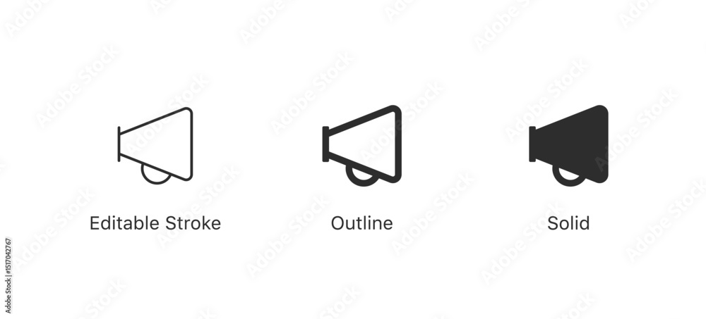 Poster megaphone icons in editable stroke, outline, and solid styles, ideal for UI/UX, apps, and web design, offering a minimalist, scalable way to represent announcements, marketing, and communication