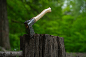 Finnish axe stuck into a stump in the forest
