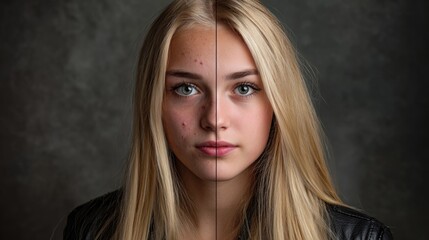 Beauty contrast comparison: Female expression, acne texture, uneven pimple skin, smooth velvety cheek, cosmetic treatment option, rejuvenating method, camouflage makeup layer, mesotherapy effect