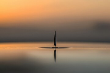 A solitary, sharpened object pierces smooth water, creating ripples under a warm, blurred sky, reflecting.