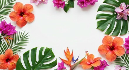 Lush tropical plants and vibrant flowers forming a decorative background for celebration graphics.