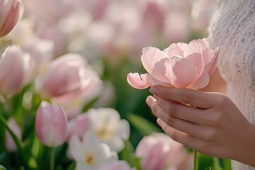 Pink flowers touched by woman, morning light enhances soft flowers, petals illuminated with warmth, delicate essence of romance, gentle nature evokes peaceful emotion, poetic charm concept.