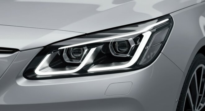 Detail view of an electric car&rsquo;s modern LED headlamp on a silver metallic surface.