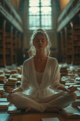 Woman practices yoga in golden light, woman embraces stillness, yoga deepens inner peace, ancient library surrounds serene meditation, mindfulness radiates through sacred knowledge, spiritual symbol.