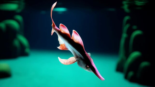 A surreal fish with prominent fins swims through the dark water, enhanced with textures, color gradients and subsurface scattering effects