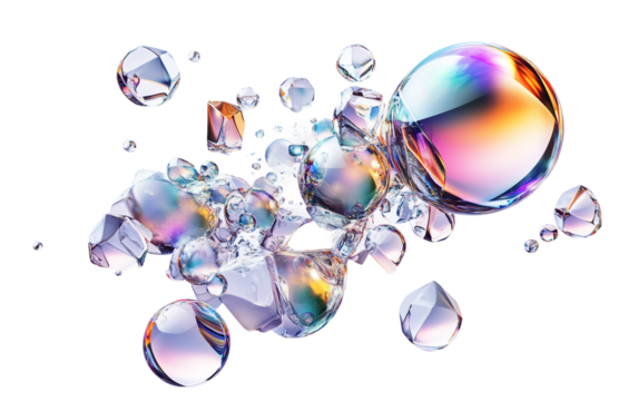 Cluster of transparent 3D glass spheres arranged in an abstract futuristic composition isolated on transparent background PNG