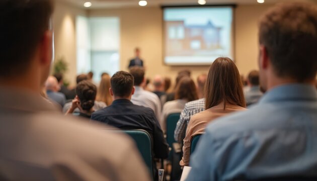 Real estate seminar or workshop with attendees learning about property investment strategies and market trends. Audience listens to the speaker in conference hall. Business meeting, education event.