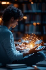 Young scholar engages with floating holographic knowledge streams, deep in immersive study. Glowing data swirls, symbolizing futuristic learning, AI-driven intelligence.