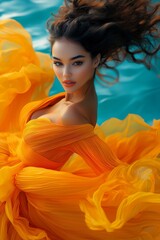 Asian woman with flowing golden gown moves with ocean breeze, deep gaze framed by voluminous curls, turquoise waves shimmer behind, fabric swirls with graceful energy, woman beauty concept.