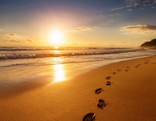 golden sunlight reflects on the sand as footprints trace a serene walk along the beach a tranquil ocean waves gently in the background creating an atmosphere of peace and solitude