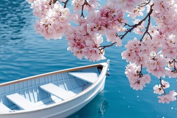 Cherry blossoms arch over small white wooden boat floating on pristine blue waters, creating dreamy springtime scene of serenity, renewal, and poetic natural beauty. Cherry, boat