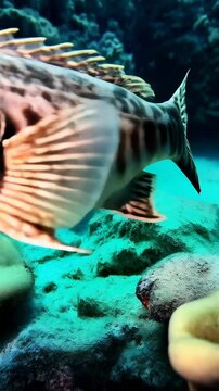 Close-up view of a lizardfish resting on a sandy seabed, underwater marine life scenery, with detailed skin texture and big eyes.