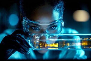  Afro-American woman scientist analyzes AI models, technology enhances medical accuracy, reflections shimmer, woman scientist utilizes technology, medical AI solutions.