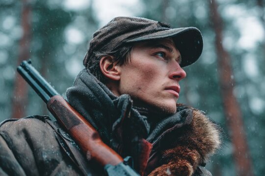 Russian hunter journey: taiga wilderness, silent pursuit, primal instinct, forest silence, rugged terrain, animal track, icy breath, lone figure, rifle grip, deep snow, survival focus, distant howl