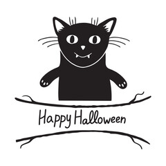 Funny Black Cat Silhouette with Happy Halloween Text vector.
