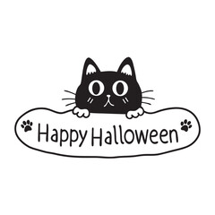 Funny Black Cat Silhouette with Happy Halloween Text vector.
