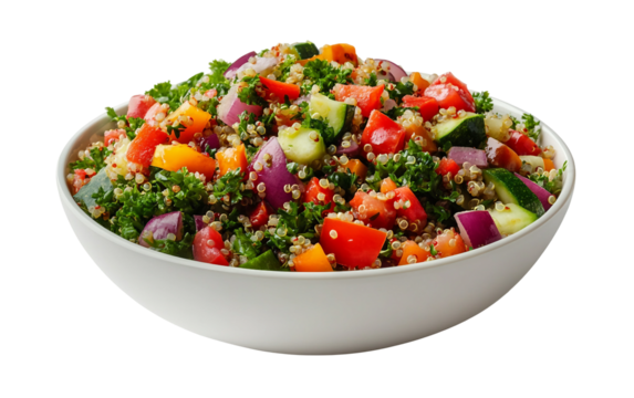 Colorful bowl of mixed quinoa salad topped with fresh vibrant vegetables and herbs isolated on transparent background PNG