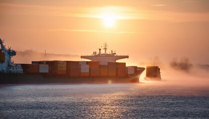 Obraz premium cargo ship and containers on river at sunrise in fog