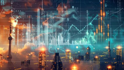 Futuristic corporate backdrop hosts a 3D graph showing falling carbon emissions over time. Corporate carbon reduction