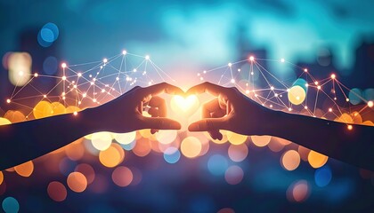 Two hands forming a heart shape, illuminated by city lights and digital network