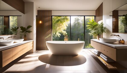 Fototapeta premium sunlit bathroom with a freestanding bathtub creating a serene and minimalist ambiance