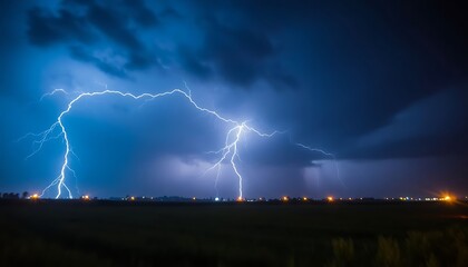 lightning storm is seen over a field at night