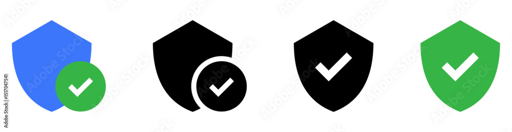 Poster shield check mark icon or security shield protection icon with tick symbol. blue shield with green c