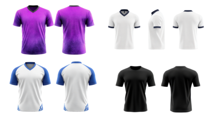 A collection of stylish sports jerseys featuring vibrant colors and modern designs, perfect for team spirit and athletic wear.