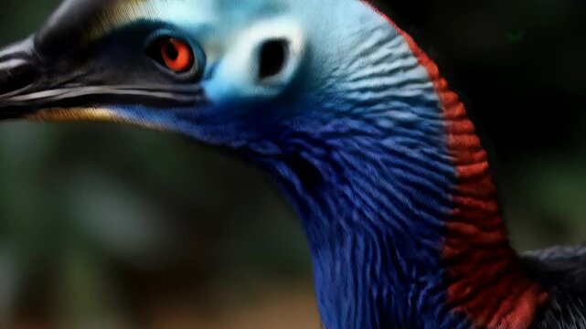 Striking close-up of a colorful casque bird, showcasing its vibrant blue feathers, neck patterns, and distinct head structure in detail.