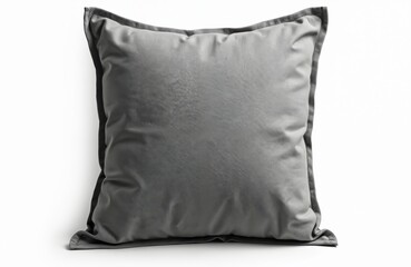 Isolated grey cushion on white background. Soft pillow with decorative edging. Comfortable home textile for sleep relaxation and interior design. Close-up studio shot.