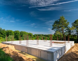construction site with white concrete block foundation on a sunny day surrounded by natural greenery and trees