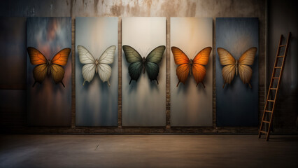 A surreal image of an art installation with large butterflies on wooden panels, each showcasing a unique species.